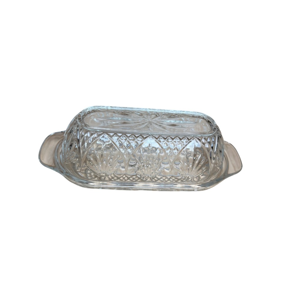 Vintage Clear Pressed Glass Butter Dish w/Lid Starburst Diamond Pattern USA MCM